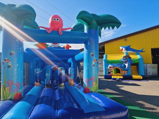 Bunte Hüpfburgen mit einem Oktopus und Palmen, im Hintergrund ein Spielplatz mit Delfinen.