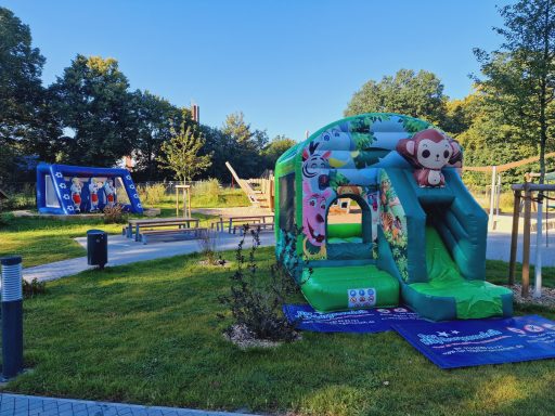 Buntes Spielgerät mit Rutsche und Luftballon-Motiv in einem Spielplatz.