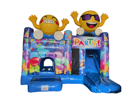 Bunte Hüpfburg mit lachenden Emojis und Rutsche, ideal für Partys.