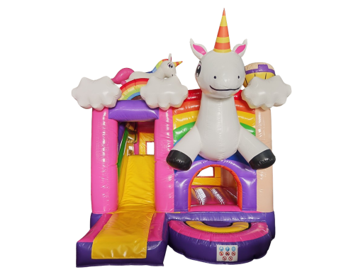 Bunte Hüpfburg mit Einhorn-Design und Rutsche für Kinder.