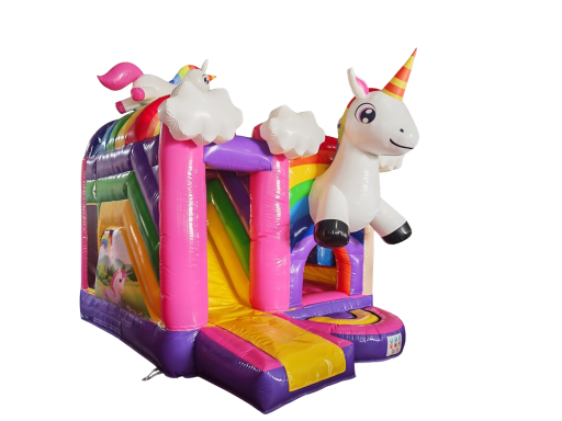 Bunte Hüpfburg mit Einhorn-Motiven und Regenbogen-Design.