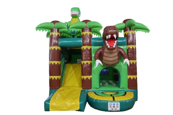 Buntes, aufblasbares Spielgerät mit Dinosaurier-Motiv und Rutsche.