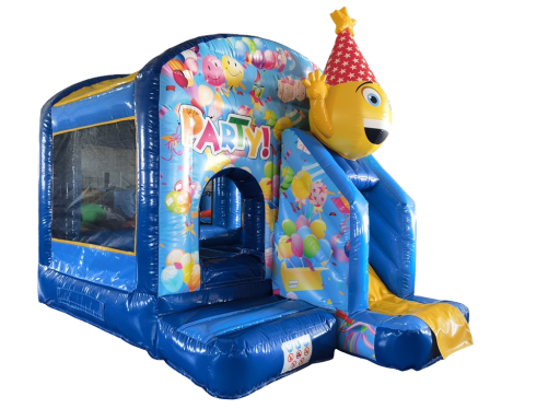 Bunte Hüpfburg mit Rutsche und festlichem Design für Kinder.