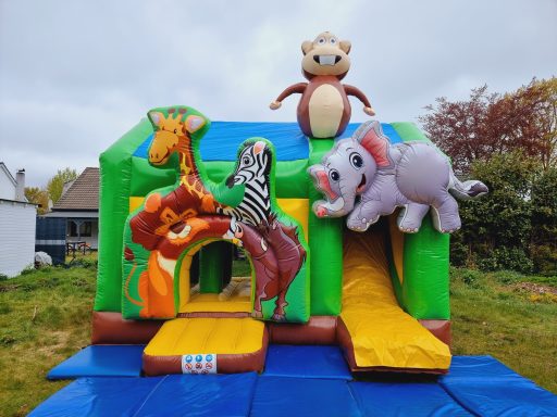 Buntes Hüpfburg-Design mit Tieren, darunter ein Löwe, Zebra, Elefant und ein Stofftier.